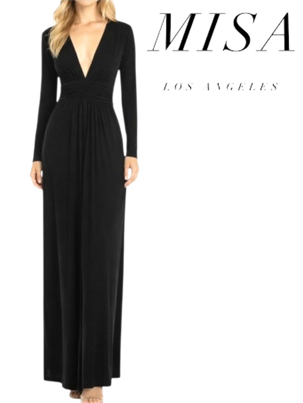 MISA Los Angeles/Tbags Black Jersey Knit Plunging Vneck Maxi Dress Open Back XS